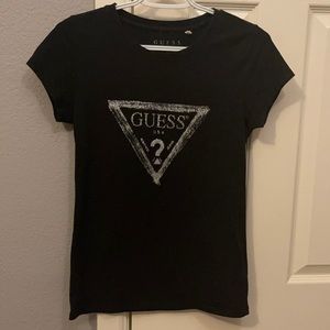 GUESS black stretch tshirt with glitter and rhinestone silver logo